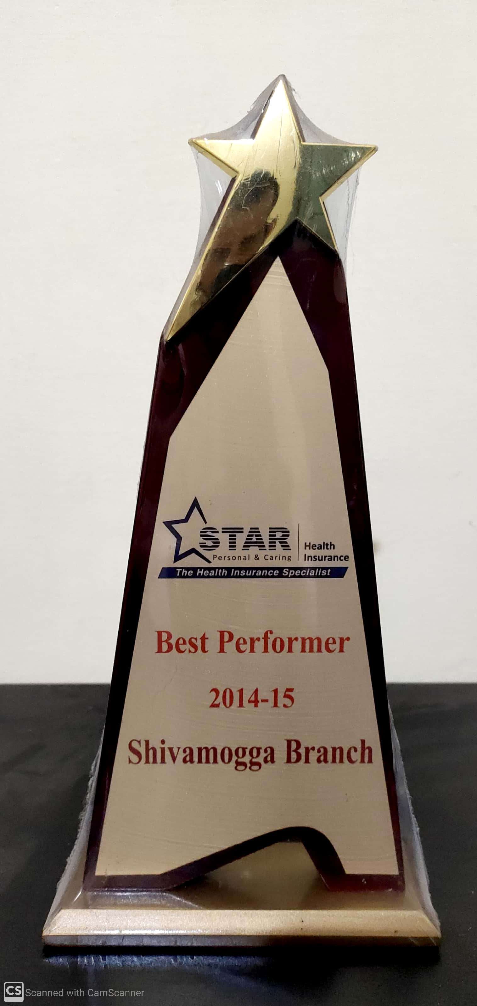 Star Health Best Performer 2014-15 in Shimoga branch